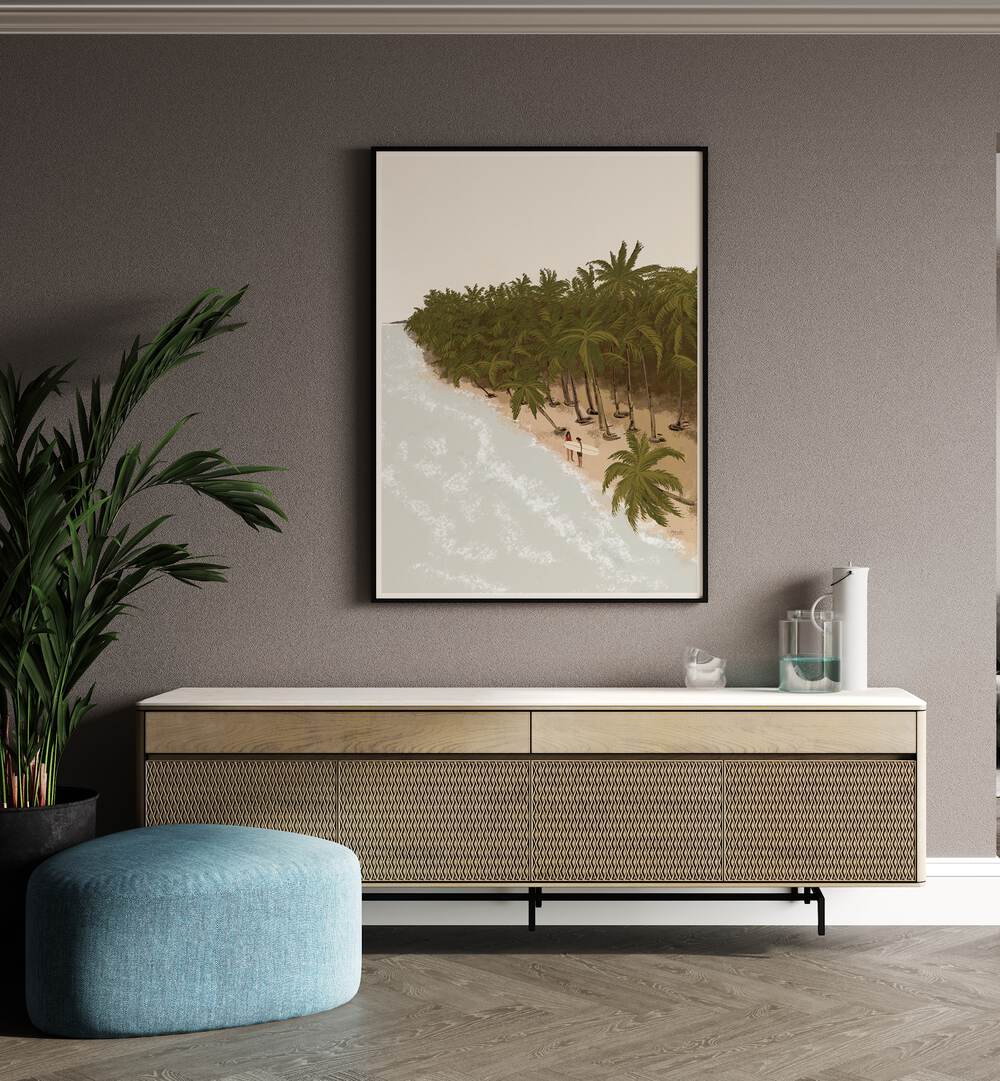 Surfers Paradise By Andi Bell Beach Prints in Black Plain Frame on a brown wall above a console table