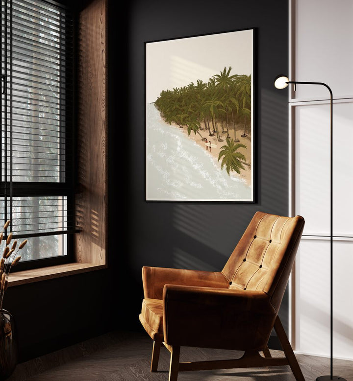 Surfers Paradise By Andi Bell Beach Prints in Black Plain Frame on a grey wall placed beside an orange sofa