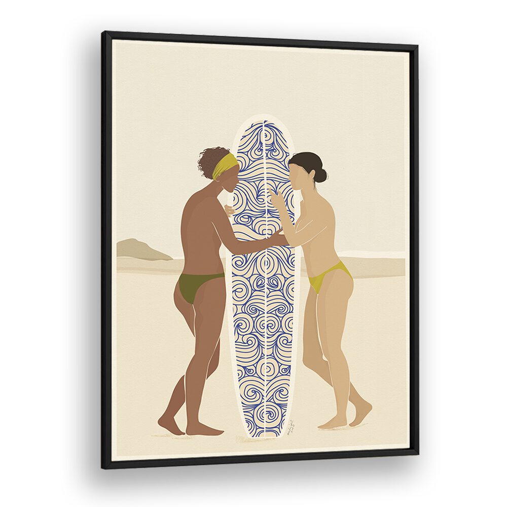 Surfing Connects People By Andi Bell Beach Prints in Black Plain Frame