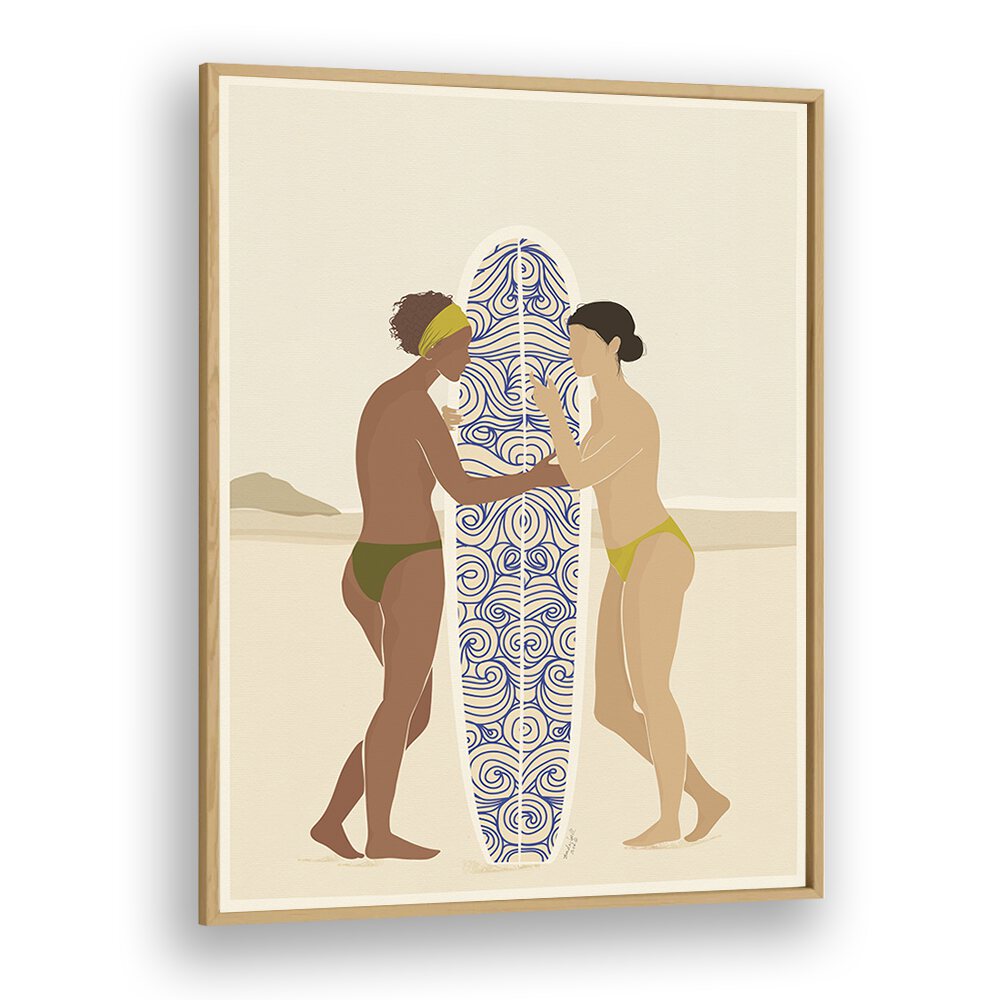 Surfing Connects People By Andi Bell Beach Prints in Oak Wood Plain Frame