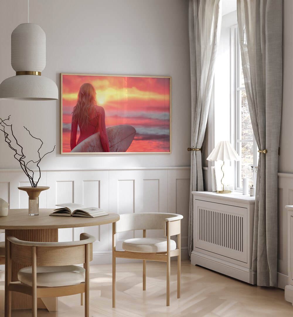 Surfer gazes at a vibrant sunset, showcasing SURFSIDE ELEGANCE, BEACH PAINTINGS by Philippe Hugonnard.