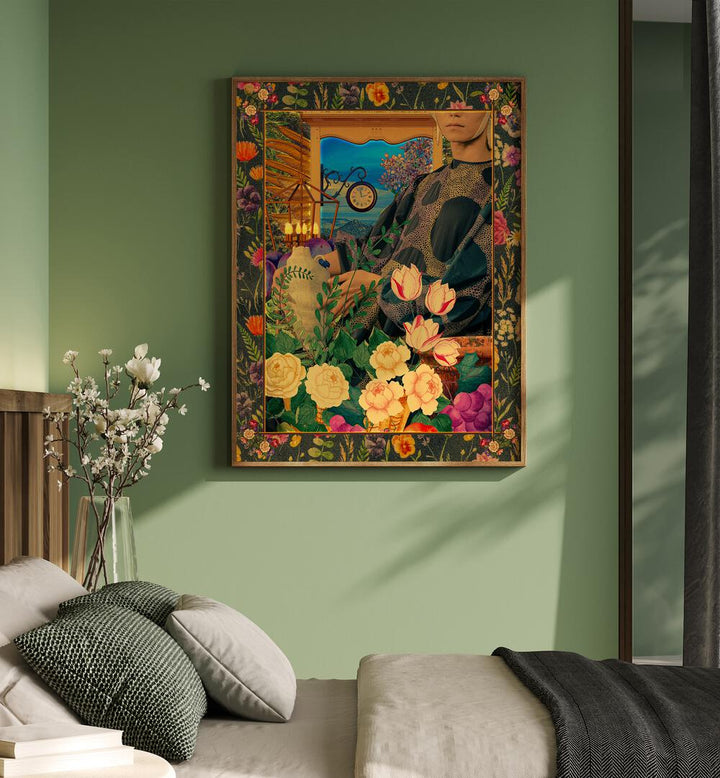 Surreal Floral Portail Collage By Cosmo Zach Surreal Art Prints Surrealism in Oak Wood Floater Frame placed on the wall beside a bed for bedroom