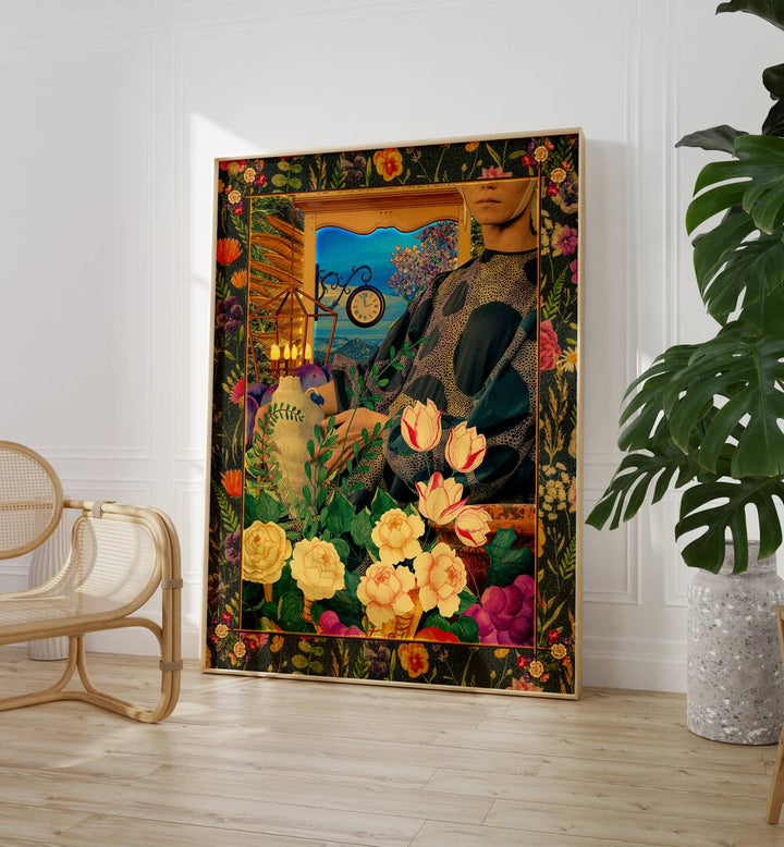 Surreal Floral Portail Collage By Cosmo Zach Surreal Art Prints Surrealism in Oak Wood Plain Frame placed on the floor between a chair and a plant