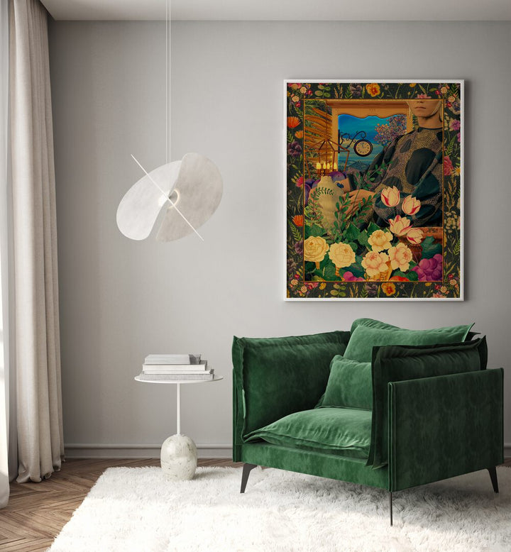 Surreal Floral Portail Collage By Cosmo Zach Surreal Art Prints Surrealism in White Plain Frame placed on the wall behind a green sofa 