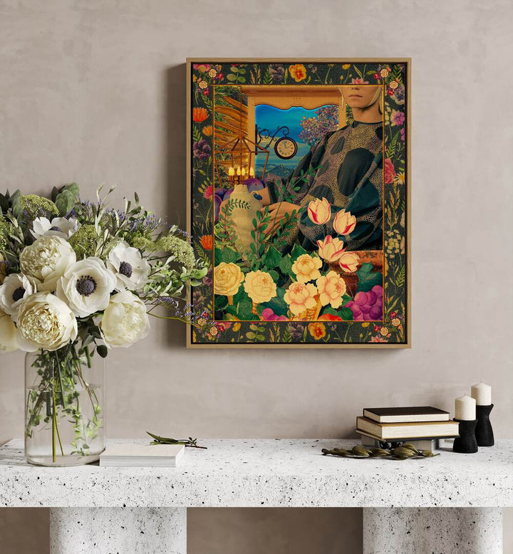 Surreal Floral Portail Collage By Cosmo Zach Surreal Art Prints Surrealism in Oak Wood Floater Frame placed on the wall behind a table and beside a flower pot