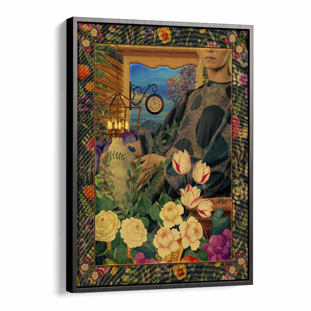 Surreal Floral Portail Collage By Cosmo Zach Surreal Art Prints in Black Floater Frame