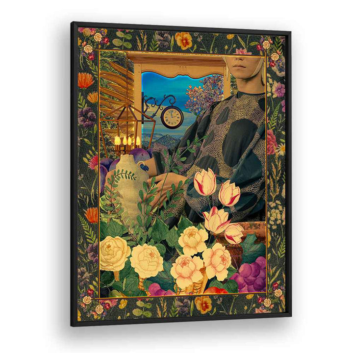 Surreal Floral Portail Collage By Cosmo Zach Surreal Art Prints in Black Plain Frame