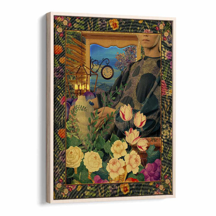 Surreal Floral Portail Collage By Cosmo Zach Surreal Art Prints in Oak Wood Floater Frame