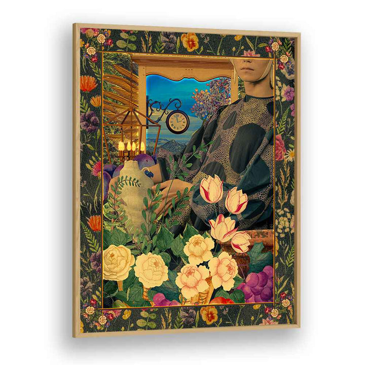 Surreal Floral Portail Collage By Cosmo Zach Surreal Art Prints in Oak Wood Plain Frame