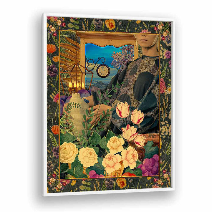 Surreal Floral Portail Collage By Cosmo Zach Surreal Art Prints in White Plain Frame