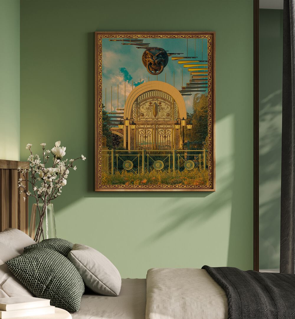 Surreal Gate By Cosmo Zach Surreal Art Prints Surrealism in Oak Wood Plain Frame placed on a bedroom wall beside a bed