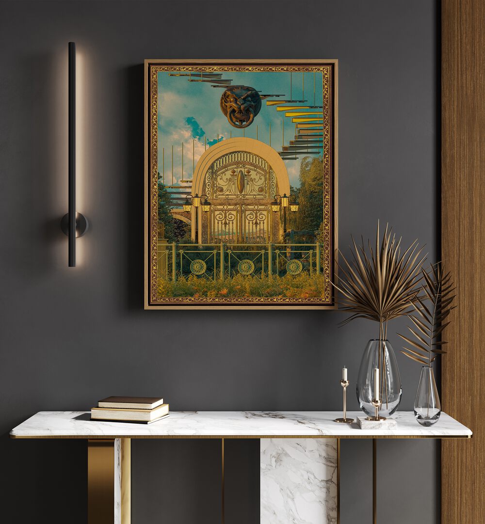 Surreal Gate By Cosmo Zach Surreal Art Prints Surrealism in Oak Wood Floater Frame placed on a wall behind a table