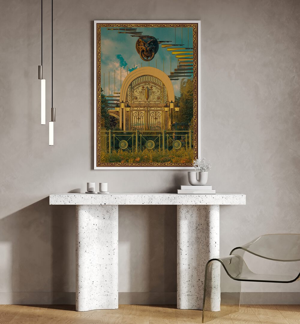 Surreal Gate By Cosmo Zach Surreal Art Prints Surrealism in White Plain Frame placed on the wall behind a table