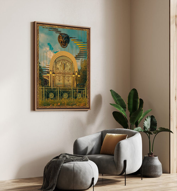 Surreal Gate By Cosmo Zach Surreal Art Prints Surrealism in Oak Wood Floater Frame placed on a wall beside a sofa and a plant