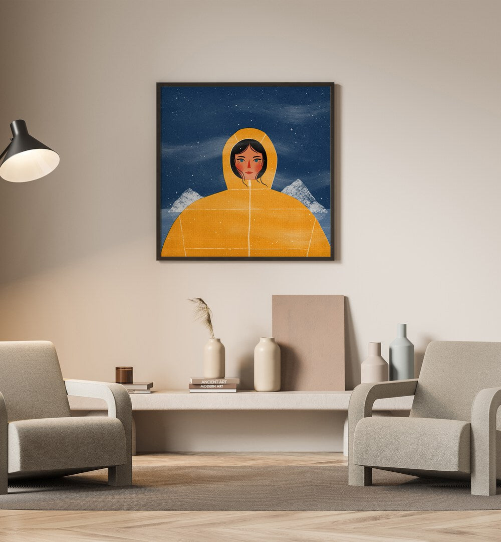 Svalbard Girl By Julia Leister Women Illustration Paintings in Black Plain Frame on a wall placed behind sofa