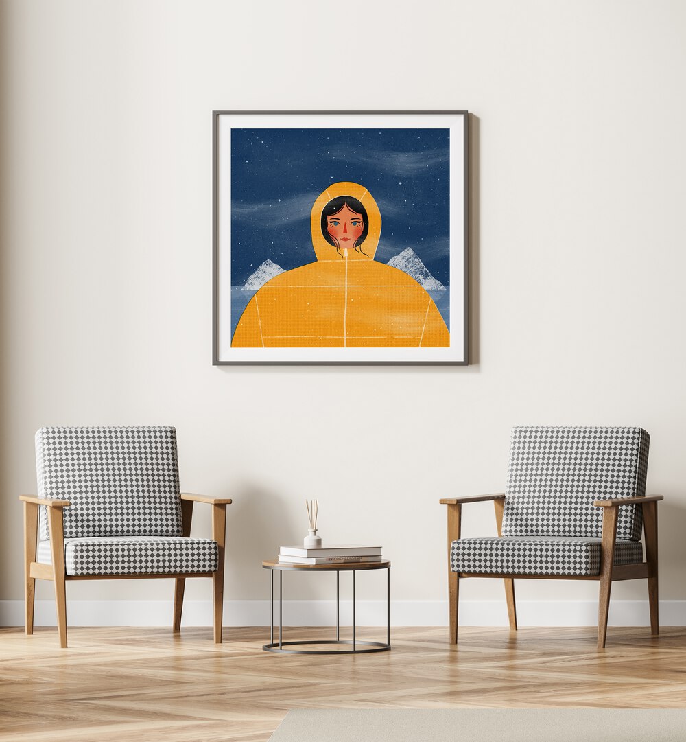 Svalbard Girl By Julia Leister Women Illustration Paintings in Black Frame With Mount on a white wall placed behind and in between two chairs