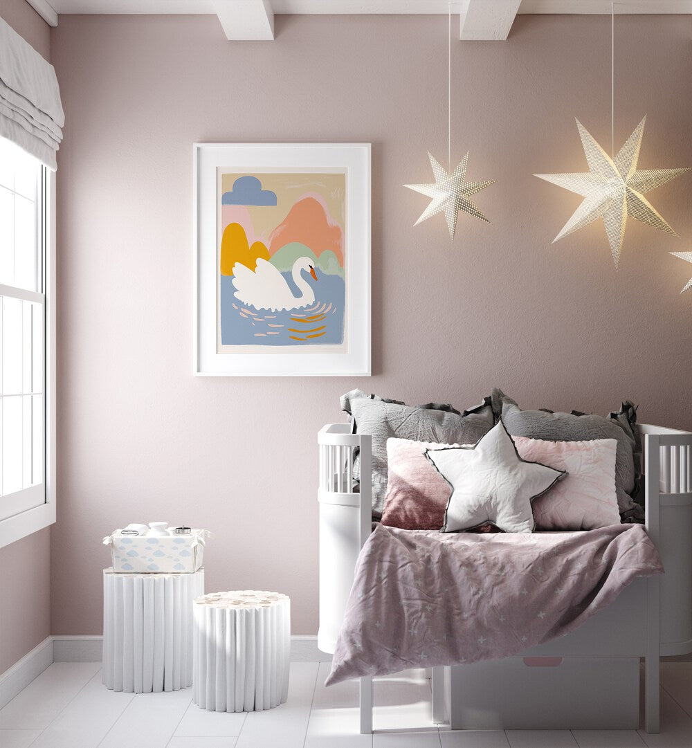 Swan In Lake By Treechild Kids Paintings in White Frame With Mount placed on a Pink Colored Wall in the Kids Room