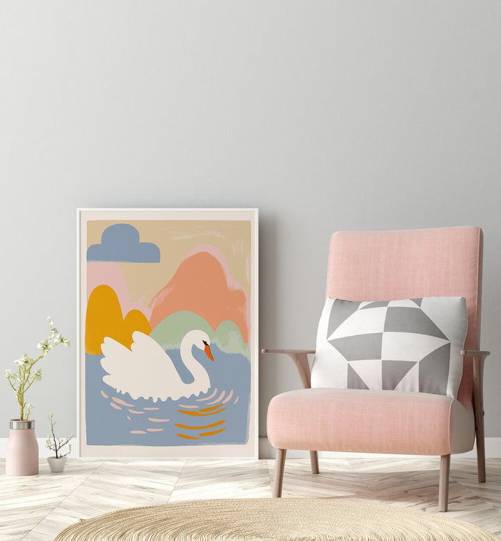 Swan In Lake By Treechild Kids Paintings in White Plain Frame placed on the floor near a Grey Colored Wall in the Drawing Room