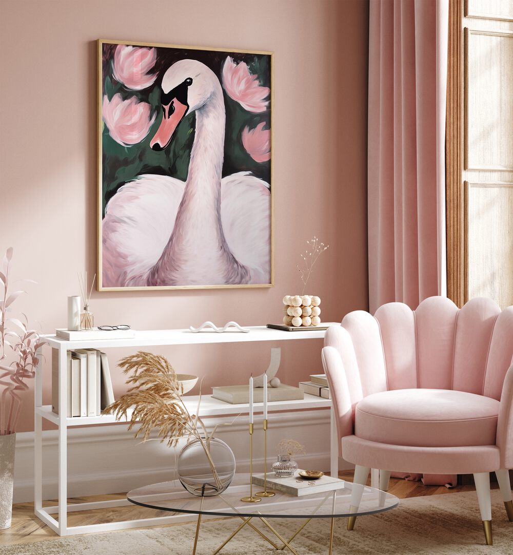 Swan In The Pond By Treechild Kids Paintings in Oak Wood Plain Frame placed on a Pink Colored Wall above a Console Table in the Drawing Room