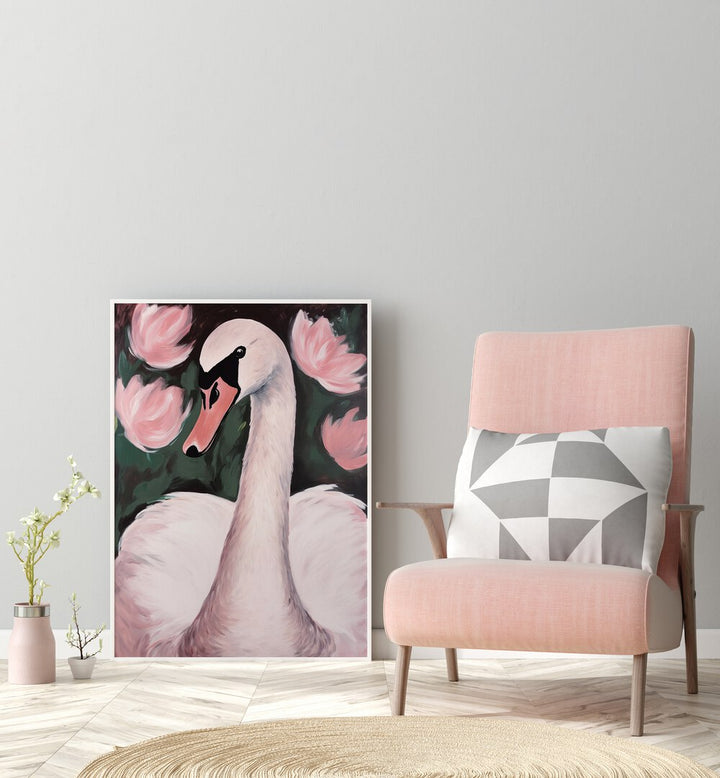 Swan In The Pond By Treechild Kids Paintings in White Plain Frame placed on the floor near a Grey Colored Wall in the Drawing Room