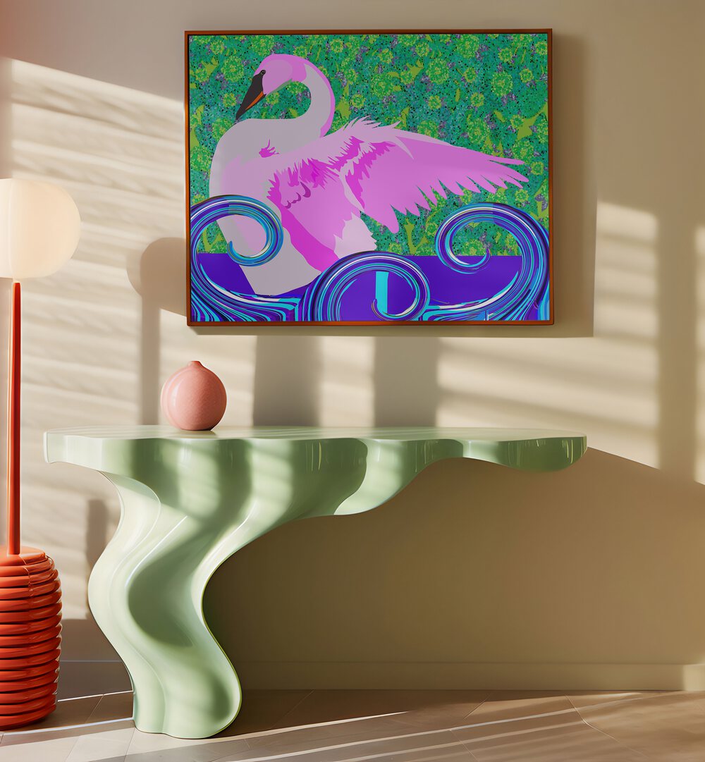 Swan Lake By Lynnda Rakos Pop Art Paintings Pop Art Prints in Oak Wood Floater Frame placed on a wall behind a table