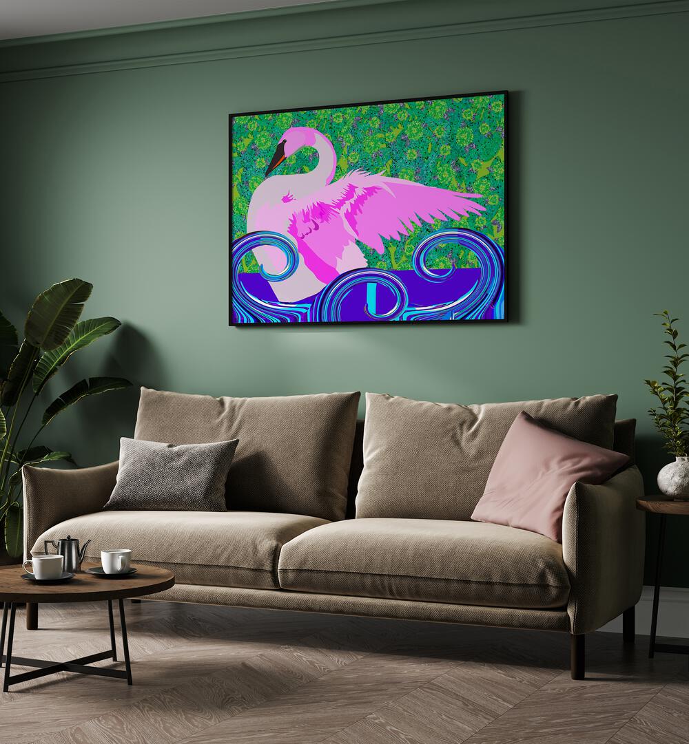 Swan Lake By Lynnda Rakos Pop Art Paintings Pop Art Prints in Black Plain Frame placed on a wall behind a sofa