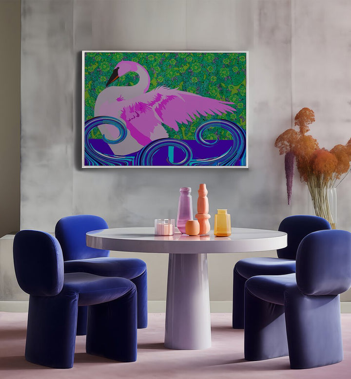 Swan Lake By Lynnda Rakos Pop Art Paintings Pop Art Prints in White Plain Frame placed on a wall behind a dining table 