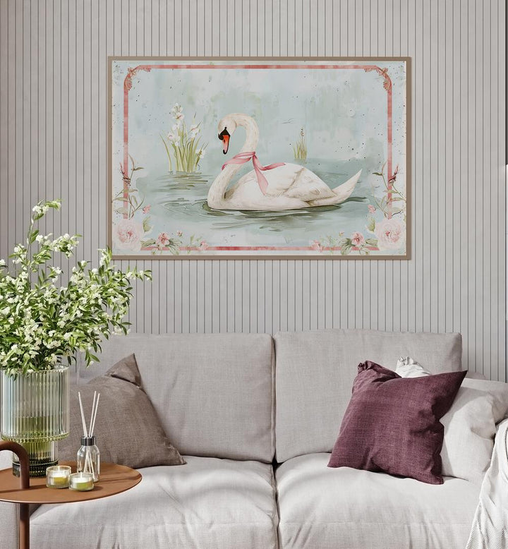 Swan Lake ii Kids Room Paintings Kids Room Wall Art in Oak Wood Plain Frame placed on a wall living room wall behind a sofa