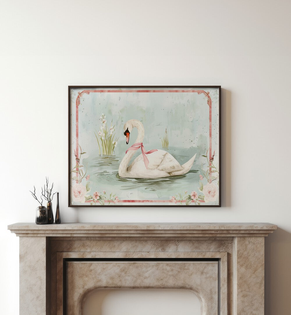 Swan Lake ii Kids Room Paintings Kids Room Wall Art in Black Plain Frame placed on a wall behind a table