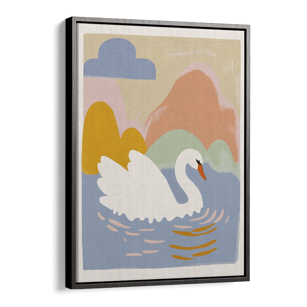 Swan in Lake by Treechild Kids Paintings in Black Floater Frame