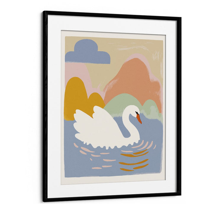 Swan in Lake by Treechild Kids Paintings in Black Frame With Mount