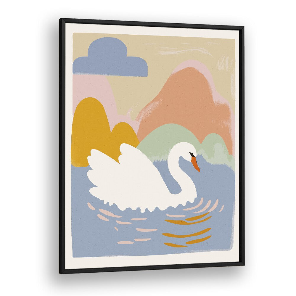 Swan in Lake by Treechild Kids Paintings in Black Plain Frame