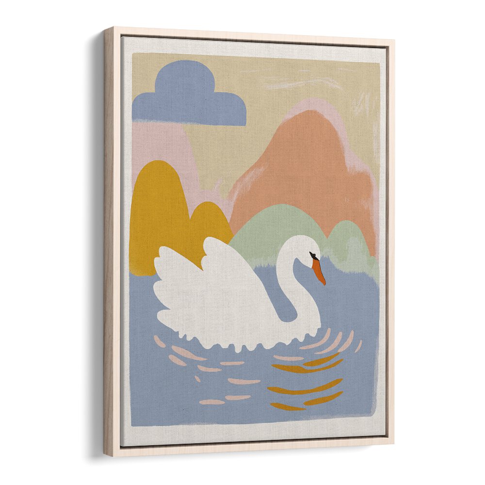 Swan in Lake by Treechild Kids Paintings in Oak Wood Floater Frame