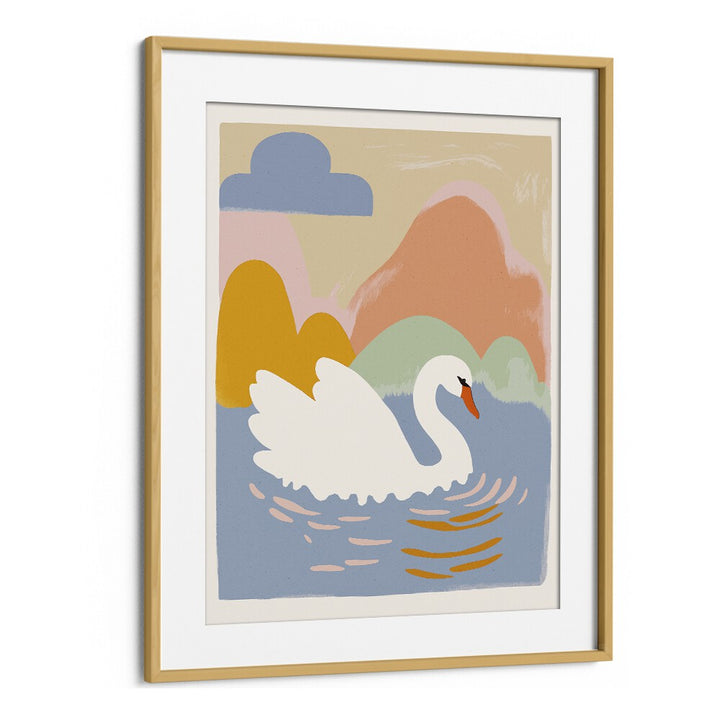 Swan in Lake by Treechild Kids Paintings in Oak Wood Frame With Mount