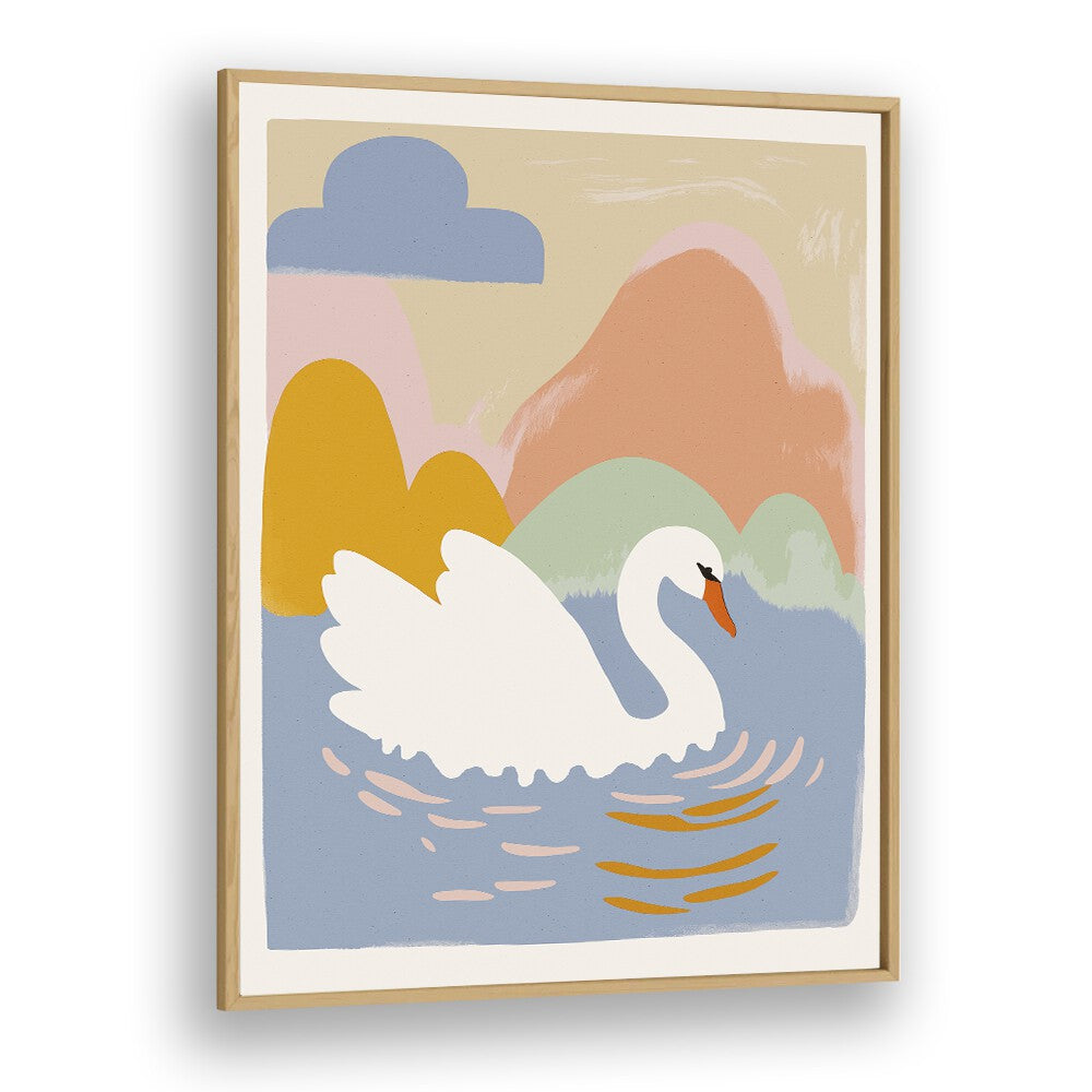 Swan in Lake by Treechild Kids Paintings in Oak Wood Plain Frame