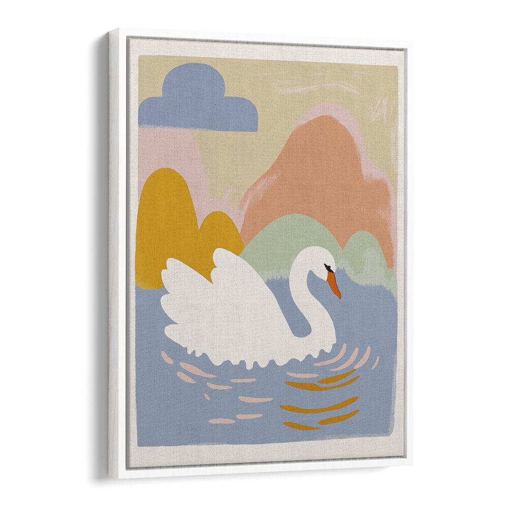 Swan in Lake by Treechild Kids Paintings in White Floater Frame