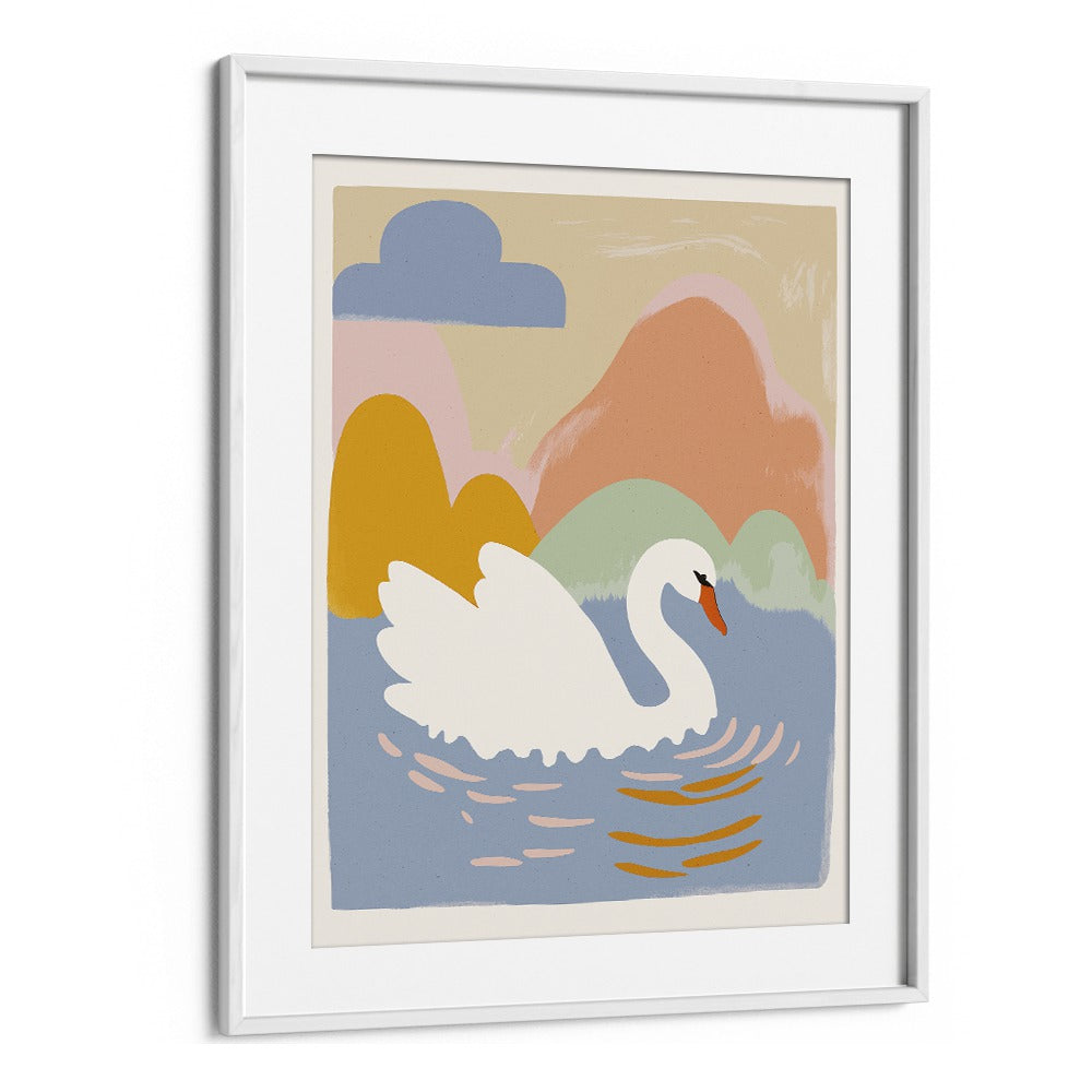 Swan in Lake by Treechild Kids Paintings in White Frame With Mount