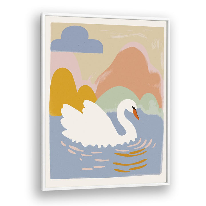 Swan in Lake by Treechild Kids Paintings in White Plain Frame