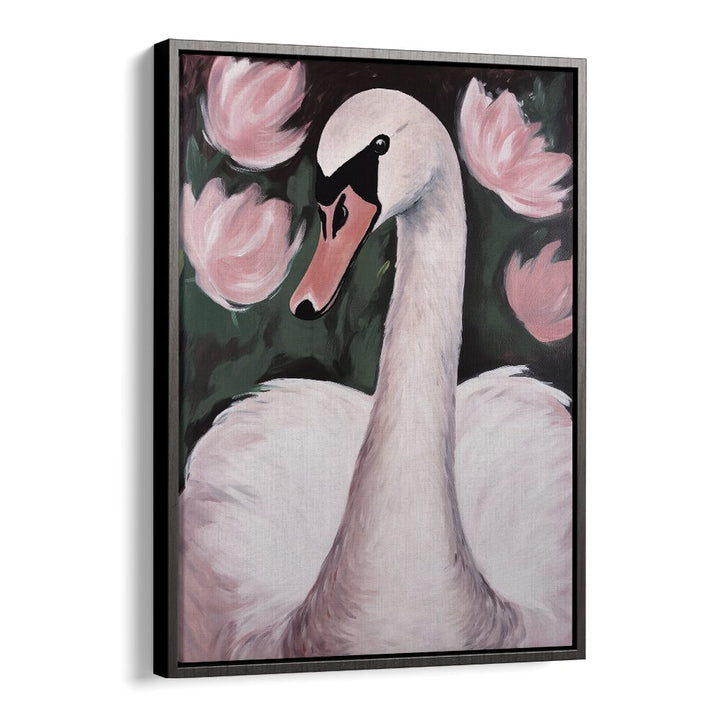 Swan in the Pond by Treechild Kids Paintings in Black Floater Frame