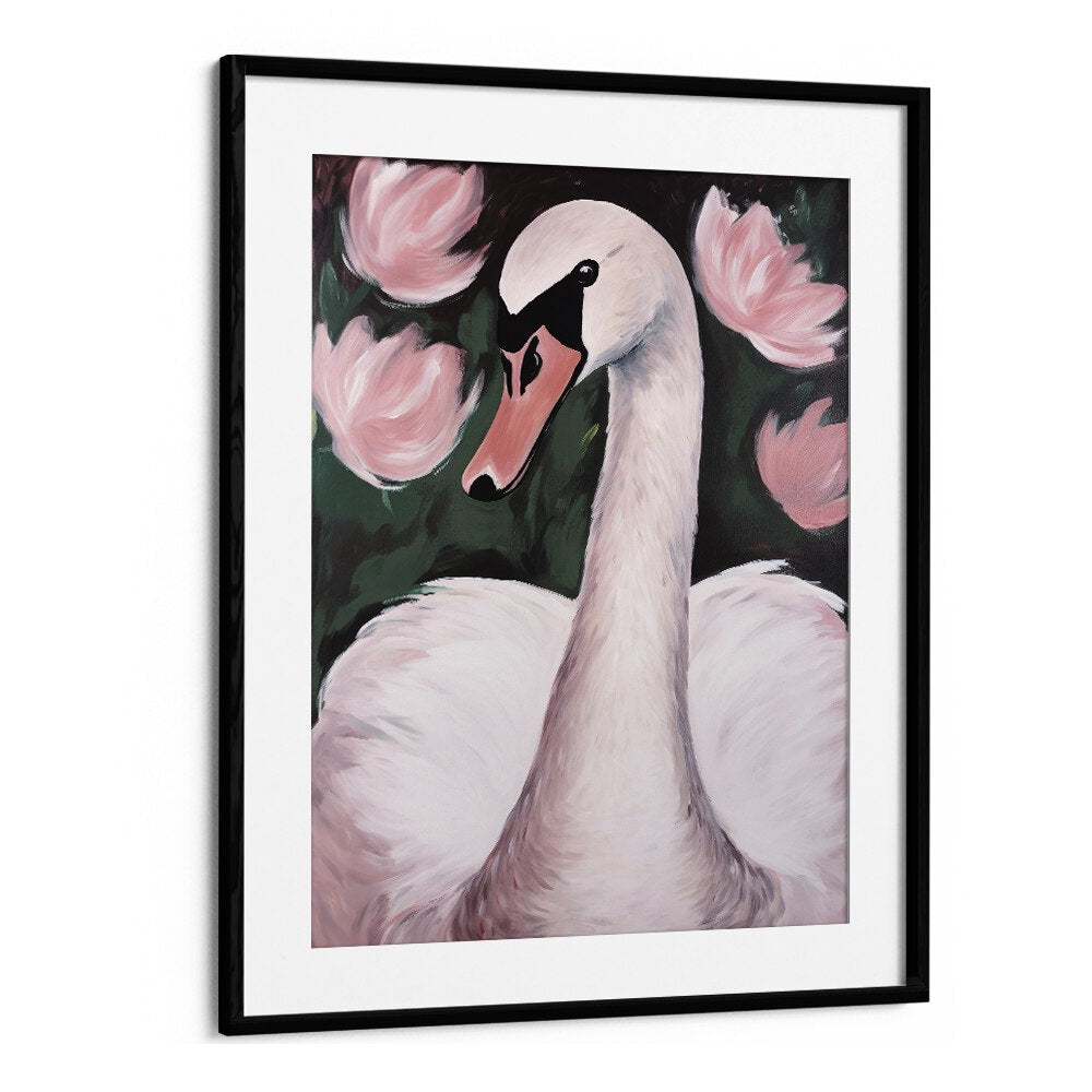 Swan in the Pond by Treechild Kids Paintings in Black Frame With Mount