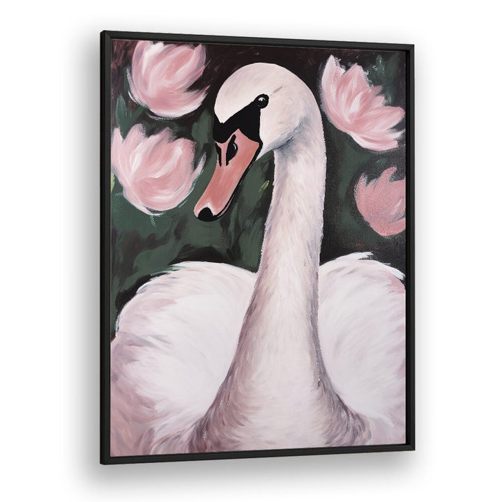 Swan in the Pond by Treechild Kids Paintings in Black Plain Frame