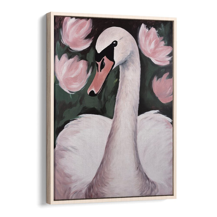 Swan in the Pond by Treechild Kids Paintings in Oak Wood Floater Frame