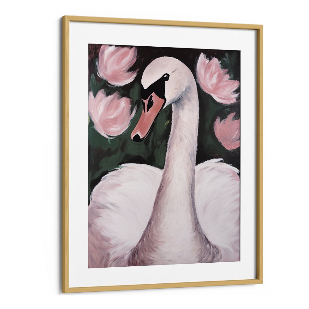 Swan in the Pond by Treechild Kids Paintings in Oak Wood Frame With Mount