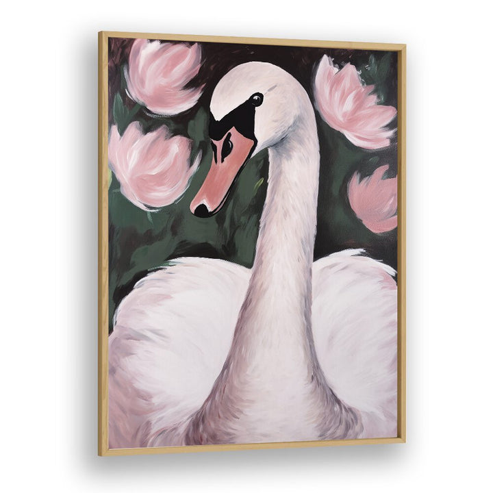 Swan in the Pond by Treechild Kids Paintings in Oak Wood Plain Frame