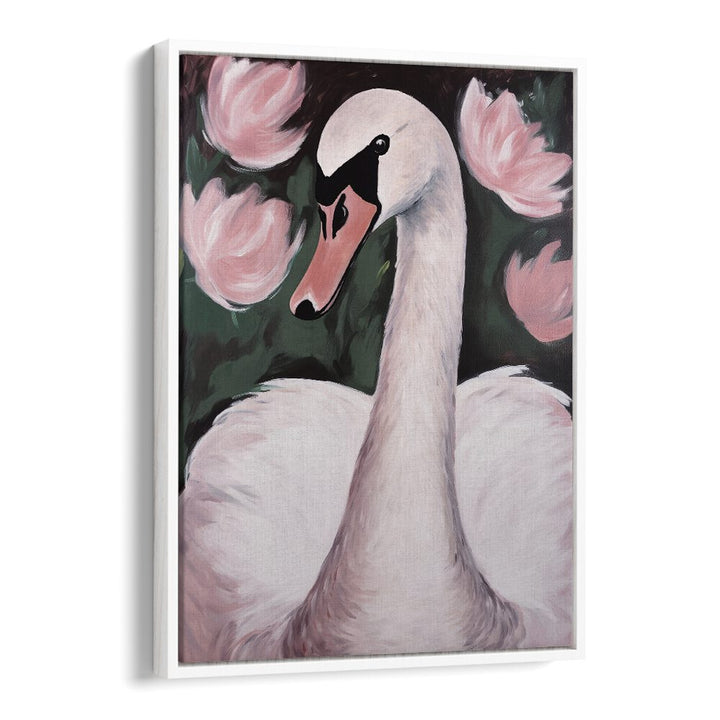 Swan in the Pond by Treechild Kids Paintings in White Floater Frame