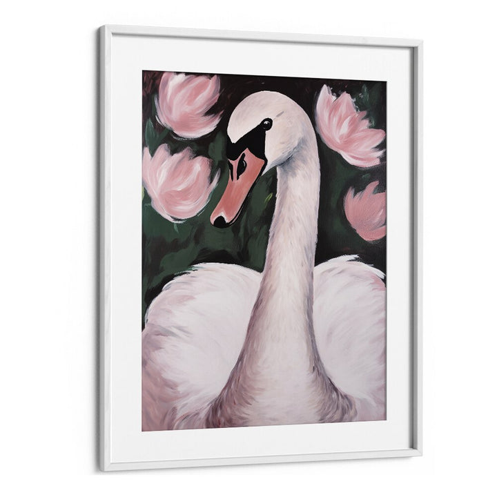 Swan in the Pond by Treechild Kids Paintings in White Frame With Mount