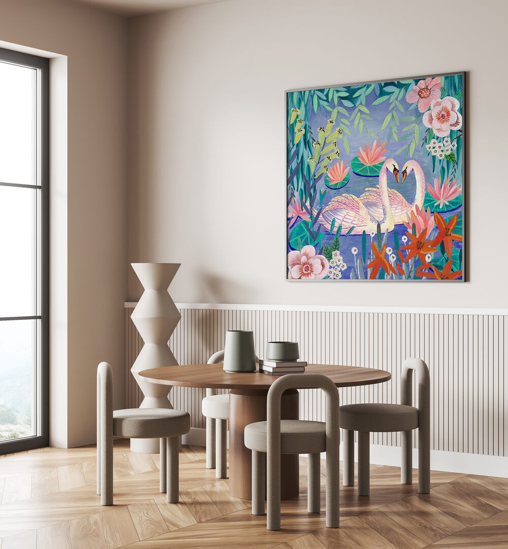 Swans Swimming in the Pound By Caroline Bonne Muller Wildlife Paintings in Black Plain Frame on a wall behind a dining table for dining area