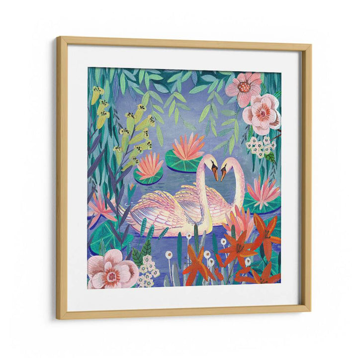 Swans Swimming in the Pound By Caroline Bonne Muller Wildlife Paintings in Oak Wood Frame With Mount