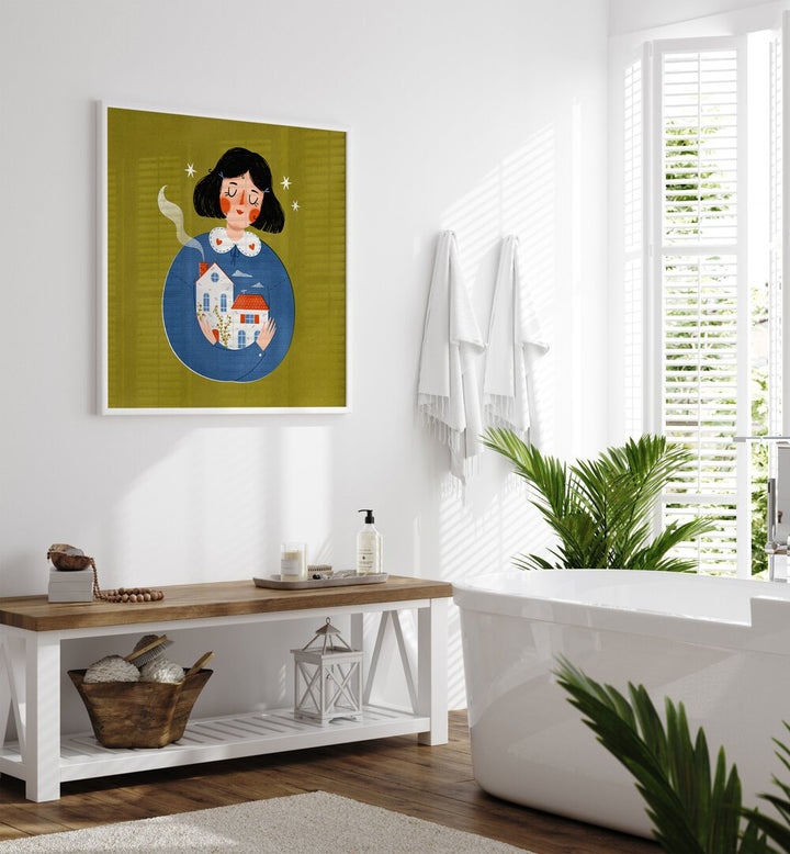 Sweet Home By Julia Leister Wall Art Prints in White Plain Frame on a wall placed in a bathroom