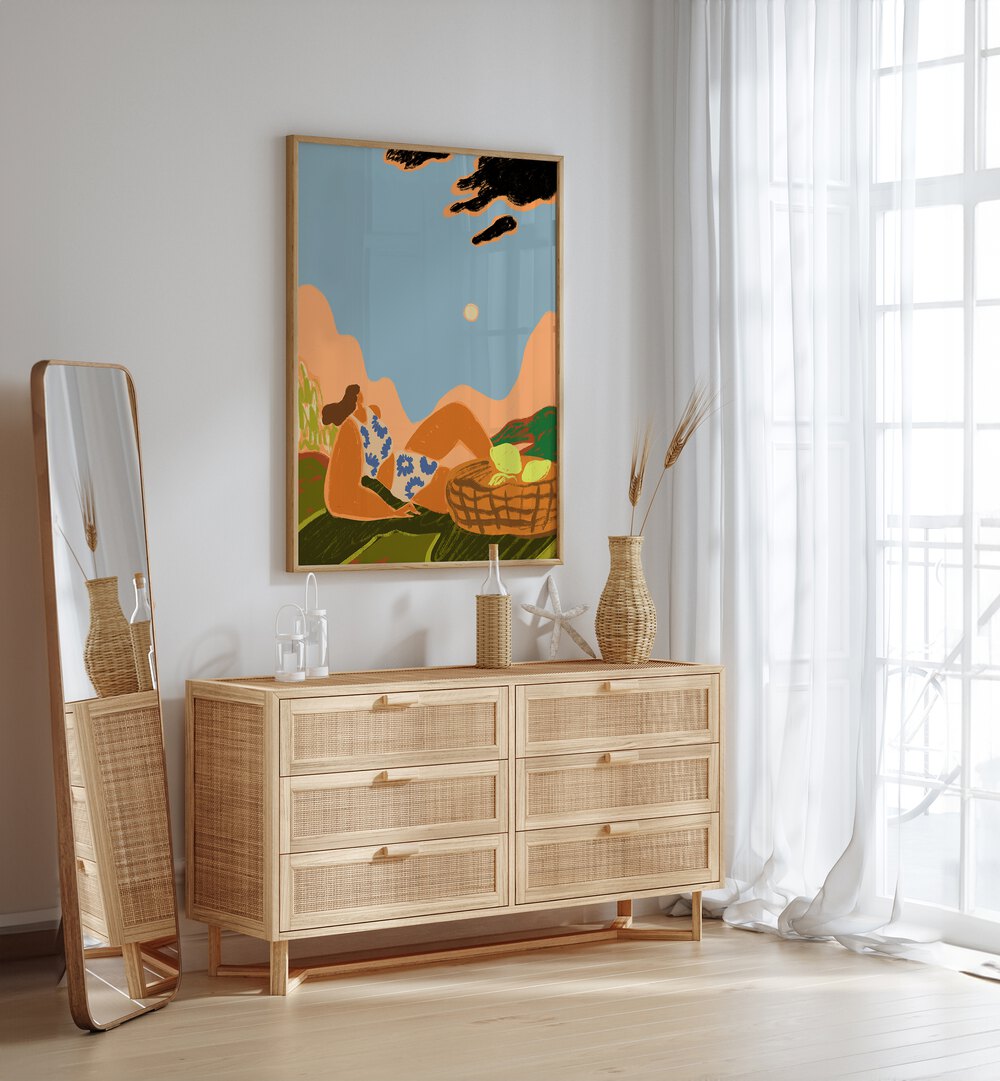 Sweet Summer By Arty Guava Wall Art Prints in Oak Wood Plain Frame placed on a Cream Colored Wall above a Console Table in the Drawing Room 